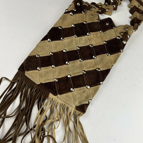 Vintage Tan Shoulder Bag Leather Boho Gypsy Festival Fringe Studded Handbag - Picture 3 of 12
